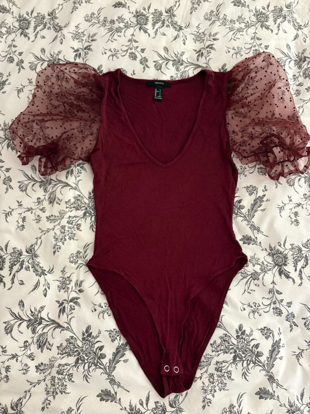 Burgundy bodysuit with sheer puffed sleeves by Forever 21, women's S